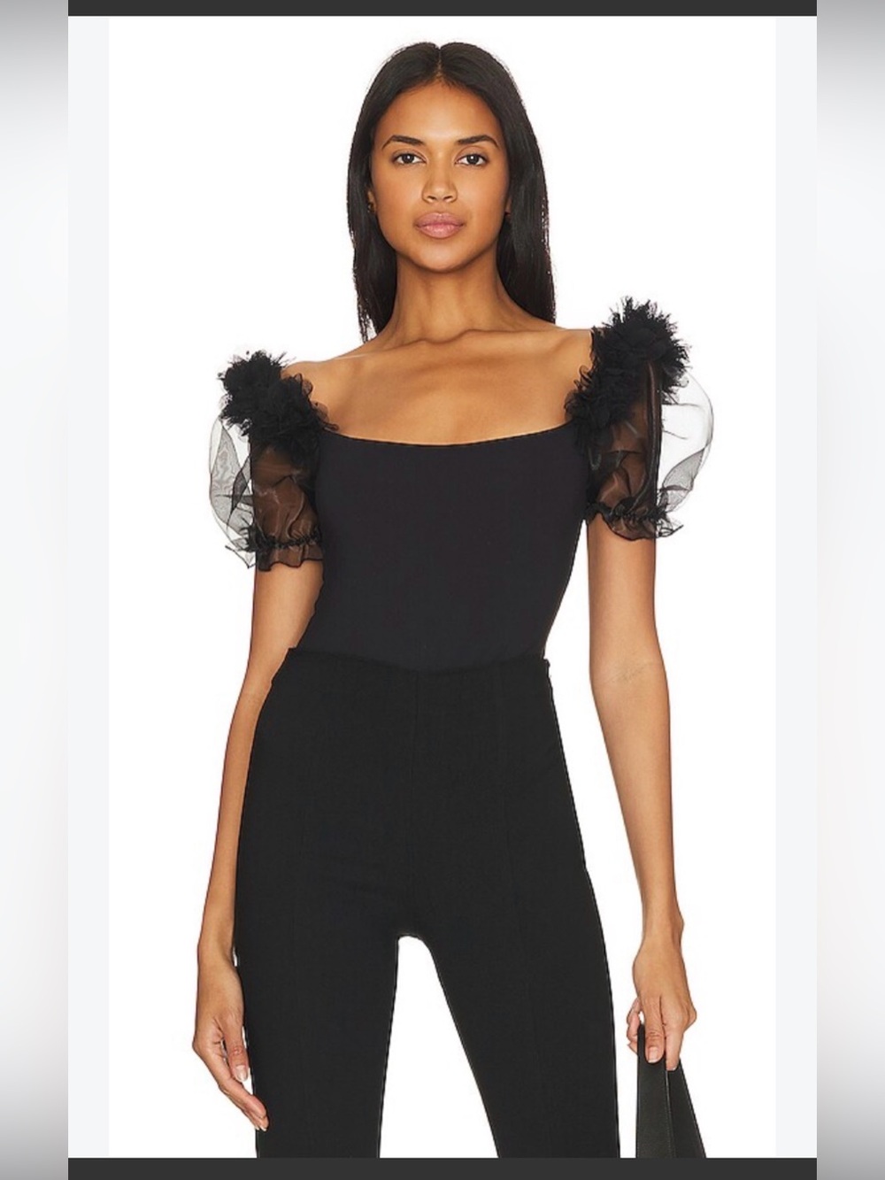 Free People Intimately FP Pretty Petals Bodysuit Black Size S Puff Sleeve NWT